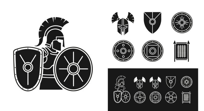 Ancient Spartan Warrior and Medieval Shield Icon Set