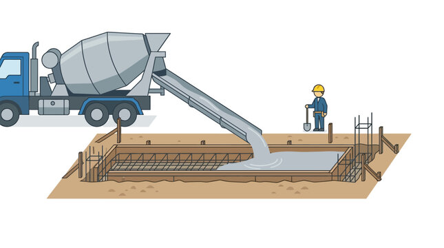 Construction Site Illustration of a Concrete Mixer Truck Pouring Cement into a House Foundation with a Worker and Rebar Reinforcement