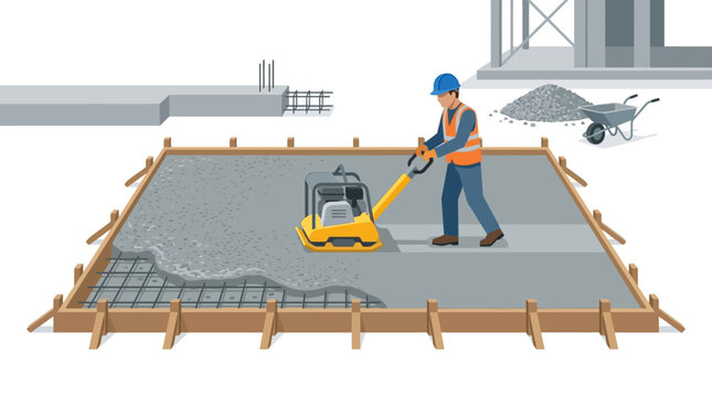 Construction Worker Using Vibrating Plate Compactor for Concrete Foundation Leveling and Soil Compaction on Building Site, Professional Industrial Flat Vector Illustration