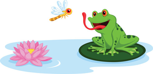 Naklejka premium Green frog catching dragonfly with tongue on lily pad, pond water with lotus flower, amphibian wildlife nature vector illustration isolated.