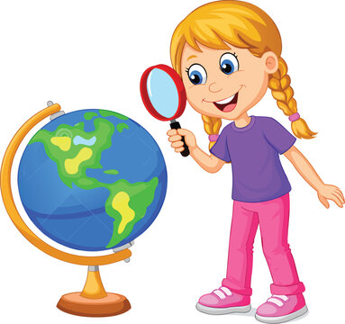Cute little girl using magnifying glass to explore globe world geography learning education concept cartoon vector illustration