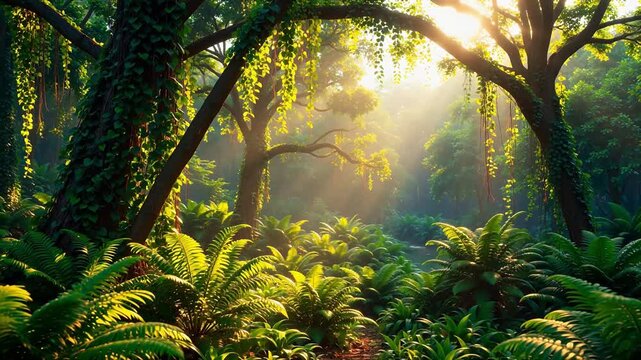 Sunlight filtering through dense jungle foliage