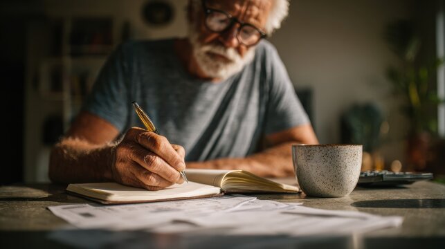 Senior Man Reviews Budget at Clean Desk With Coffee in Hand on a Warm Morning Light Setting Focusing on Financial Self-Management