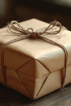 A brown package wrapped in brown paper and tied up with string