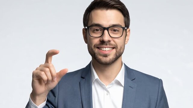Confident businessman wearing glasses pointing upward with index finger in studio business concept portrait