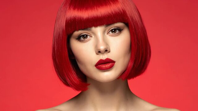 Front view of woman with bright red bob haircut on red background styled as bold fashion beauty wallpaper