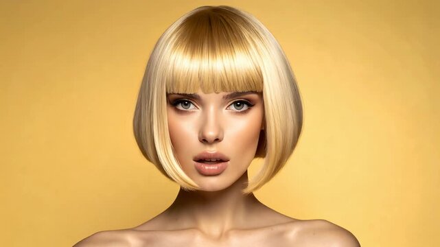 Blonde woman with smooth bob haircut looking forward on golden background styled as modern beauty wallpaper