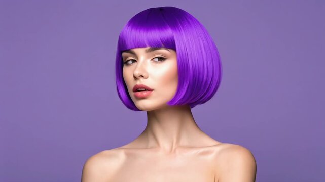 Front facing woman with vibrant purple bob haircut against soft violet background styled as beauty wallpaper