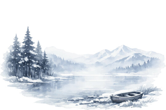 Watercolor Mountain Lake Landscape Collection with Trees, Flowers, River and Misty Nature Elements