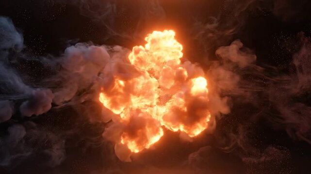 A large explosion with bright orange flames and thick smoke clouds against a dark background.