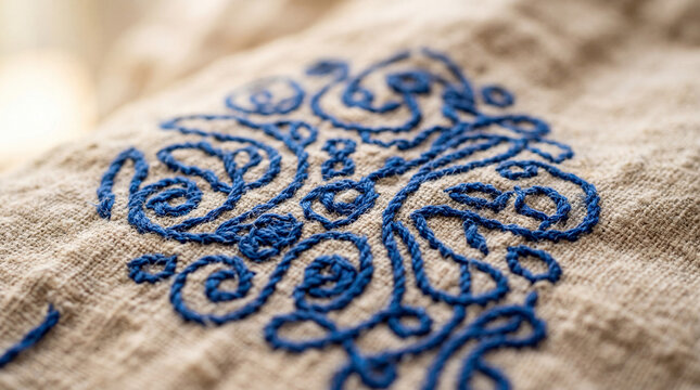 Traditional blue embroidery on beige linen fabric, close-up of hand-stitched floral pattern, rustic textile texture with intricate needlework