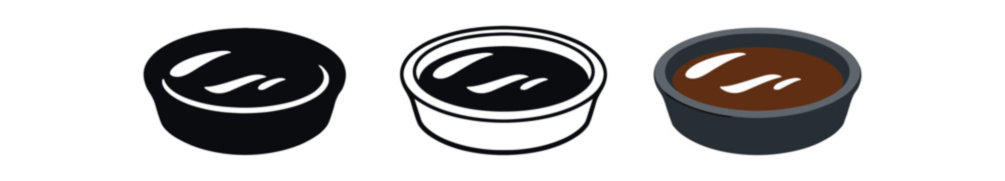 Three bowl icons containing a dark smooth sauce shown as solid black, outline, and colored realistic version &mdash; made for food labels, sushi menus, and condiment icon sets.