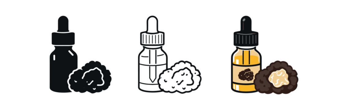 Three versions (silhouette, outline, colored) of a small dropper bottle paired with truffle pieces, suggesting truffle oil or extract for product labels and food icons.