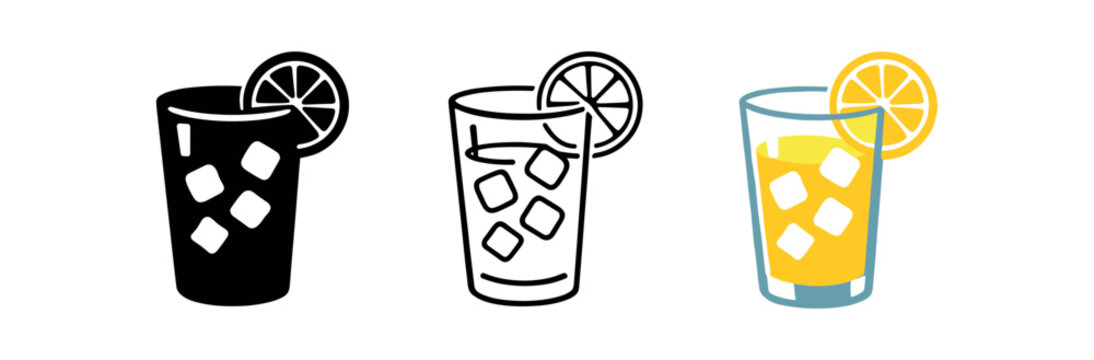 Three short glass icons showing an iced lemon drink with ice cubes and a lemon wheel &mdash; shown as black silhouette, black outline, and yellow colored version for menus and ui.
