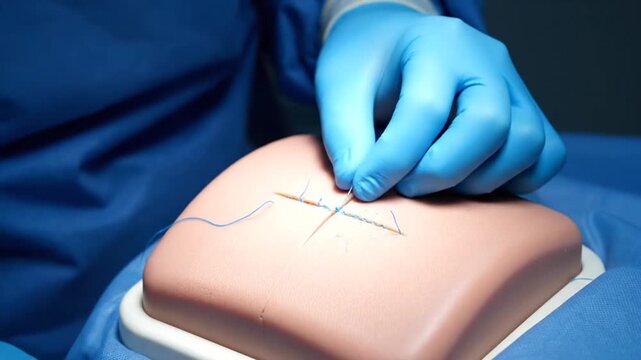 Close-up of a gloved hand practicing suturing on a medical simulation pad with blue background.