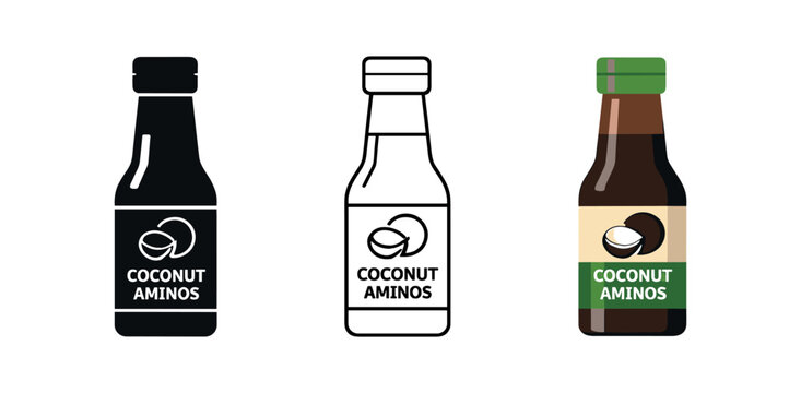 Three simple bottle icons labeled "coconut aminos" shown as solid, outline, and full-color versions&mdash;designed as food condiment icons for labels, menus, or ui.