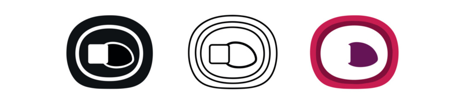 Icon trio of an oval nigiri-like piece: filled black silhouette, black stroke outline, and a colored version with a purple topping. ideal for menu icons, mobile apps, or illustrative food glyphs.
