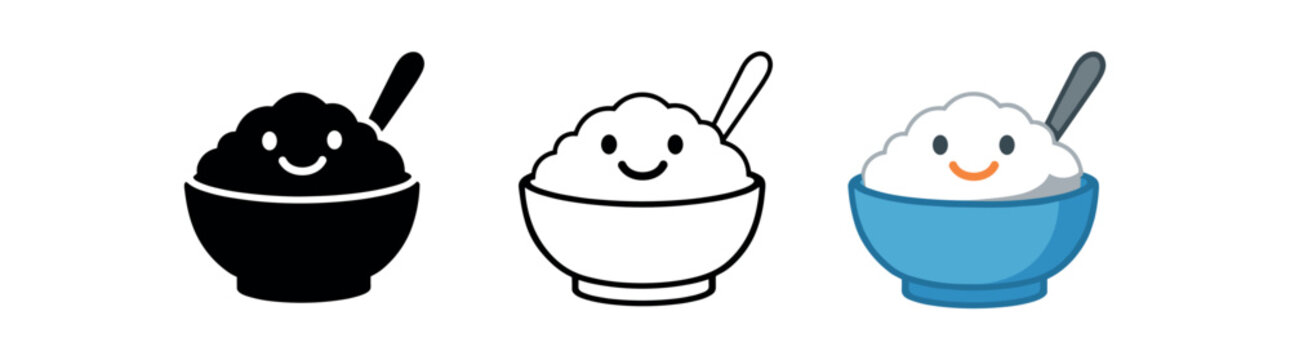 Three friendly rice bowl icons: solid, outline, and colored flat version showing white steamed rice in a blue bowl with a smile and spoon &mdash; great for children&rsquo;s menus, apps, or decorative labels.