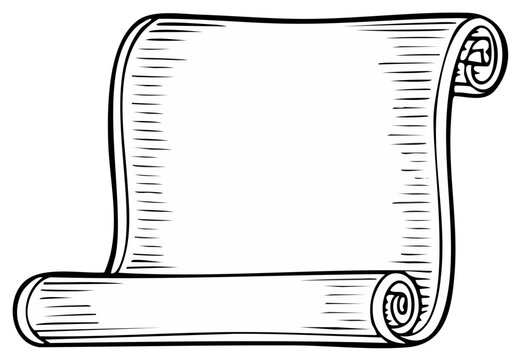 Empty vintage parchment scroll with detailed line art and rolled edges conveying historical documents or announcements