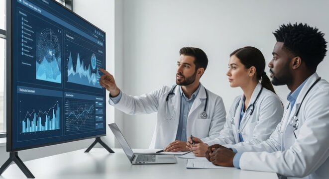 Medical Team Collaborating on Digital Health Data Presentation, Reviewing Charts on Large Monitor