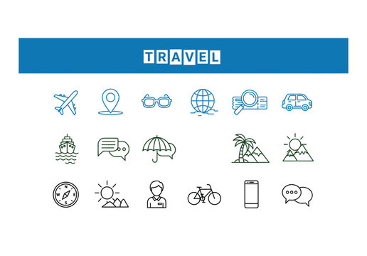 Travel icons in a blue header, airplane, map pin, sunglasses, umbrella, bike, travel icon, hot air balloon, palm tree, line art