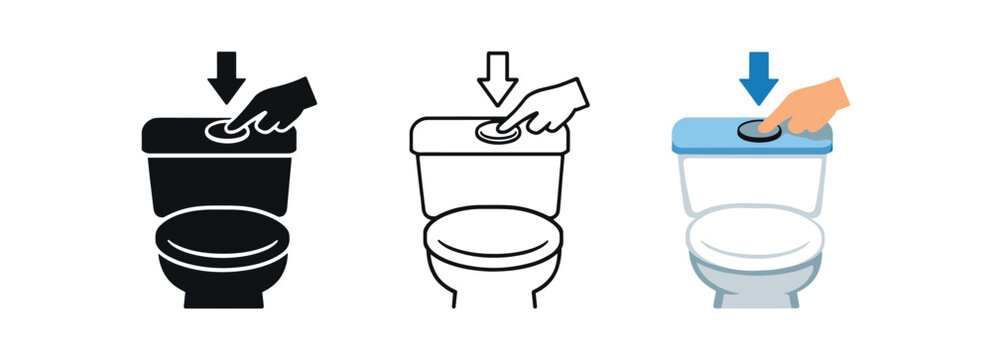 Three simple toilet icons showing a finger pressing a flush button on a cistern, with a down arrow to indicate push action for flushing after use.