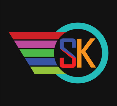"SK letter logo with colorful rainbow speed lines and cyan circle on black background, modern initial monogram design"