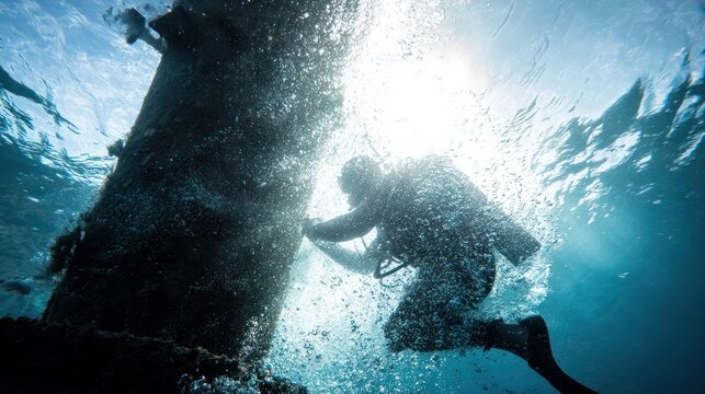 A deep-sea diver working near a large underwater structure with sun rays. safety posters, maintenance manuals, designed for precision metalworking and fabrication facilities.