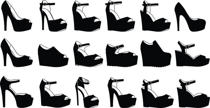 Black footwear silhouettes set featuring platform high heels wedges and stiletto sandals isolated on white background for fashion and apparel design,