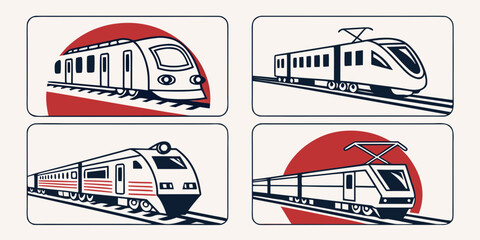 Collection of four distinct railway train icons in black, white, and red, featuring various transportation styles and designs, ideal for travel and infrastructure themes. © Alone