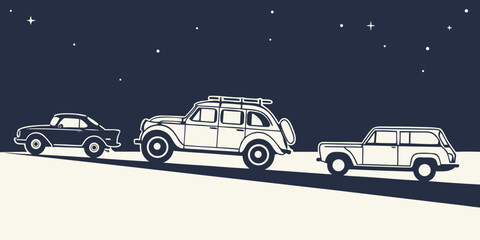 Collection of vintage road trip vehicles in silhouette against a starry night sky, perfect for travel and adventure themes. © Alone