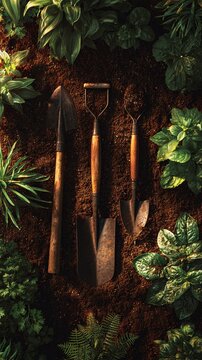 Gardening tools on soil with plants.