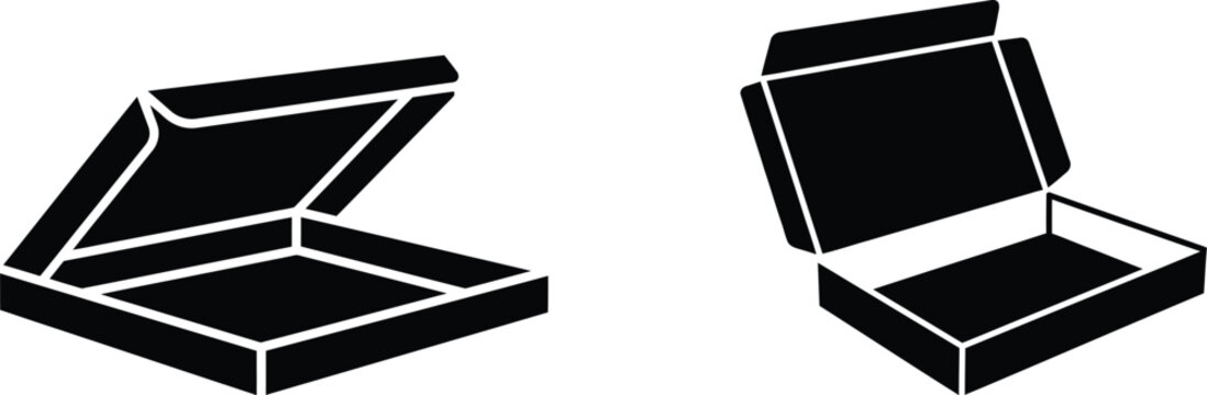 Open box silhouette vector icons, Flat black cardboard pizza delivery packaging, Isometric empty shipping carton graphics