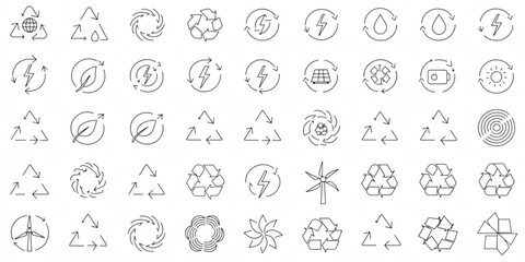 Fototapeta premium The image showcases various eco-friendly symbols and icons arranged in rows on a plain surface.