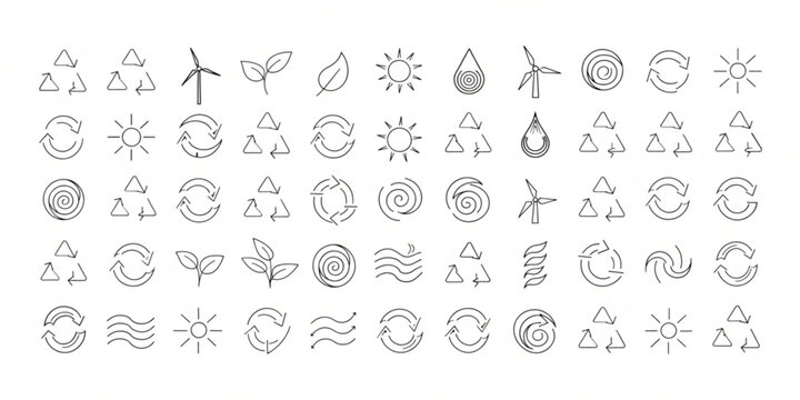 A collection of various eco-friendly and natural icons depicting weather, environmental, and ecological symbols in a simple line style.