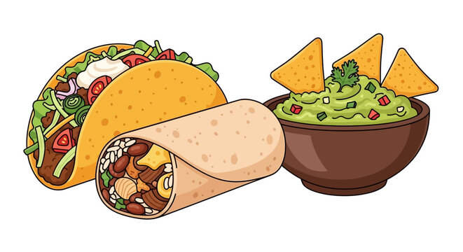 A vibrant illustration of tacos and burrito with guacamole dip on a white background for food enthusiasts.