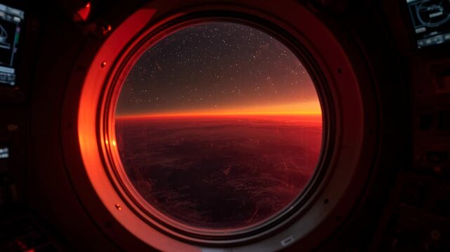 View of Earth's atmosphere through spacecraft window at sunset