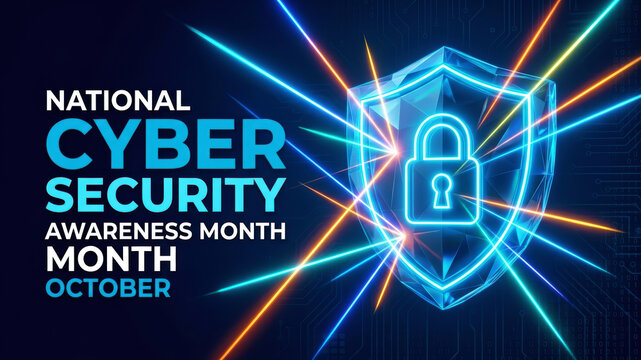 National cybersecurity awareness month poster with glowing digital shield lock, cyber safety education for employees, online security awareness campaign in october