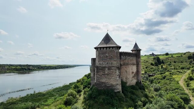 Panoramic view of Khotyn Fortress and surrounding defensive hills with the Dniester River. Smooth camera movement from left to right.
