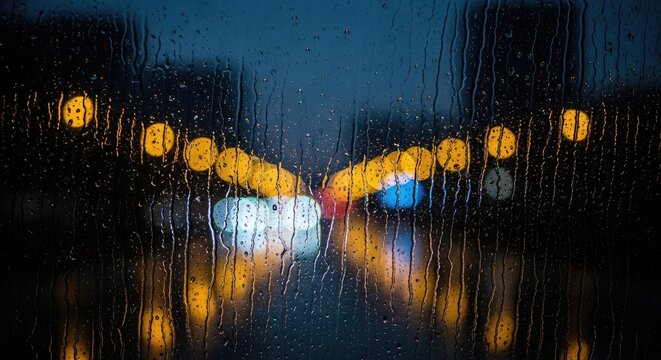 Rainy night view through wet window with blurred city lights background wallpaper poster banner download 2026 2027