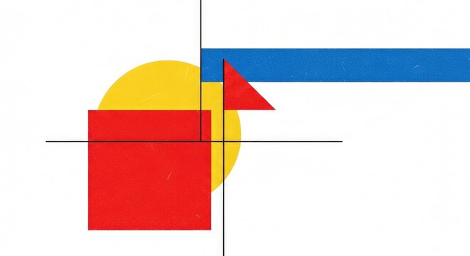 Red square rectangle triangle blue bar yellow circle black lines on white background geometric composition background wallpaper poster banner download 2026 2027
