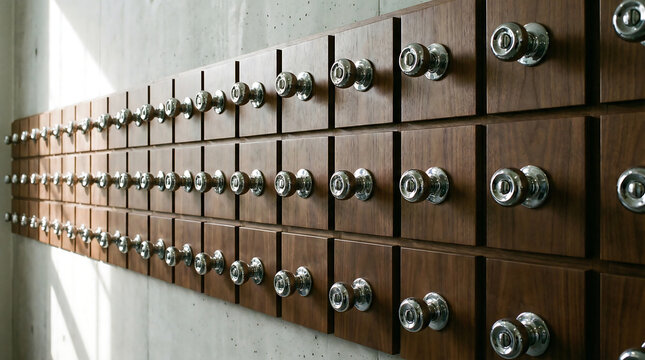 Rows of polished wooden drawers with metal knobs mounted on a textured wall