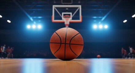 Obraz premium A basketball on a court with a hoop in the background