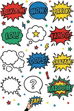 Web Comic Book Speech Bubbles Vector Set with Party Expressions and Pop Art Cloud Shapes Isolated on White Background