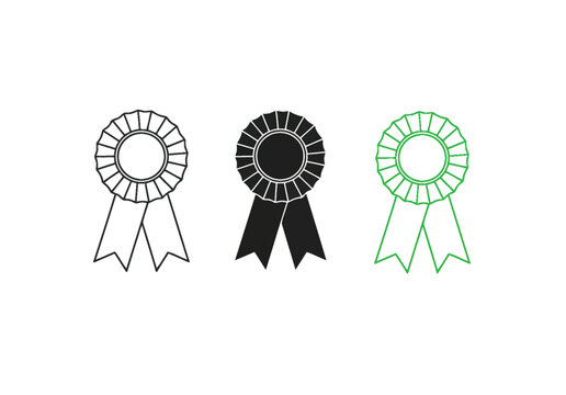 Award ribbons set: outline, black, and green rosette badges, award ribbon, first place