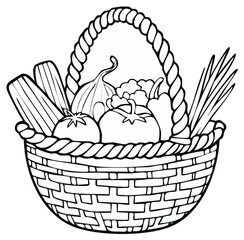 Fototapeta premium Black and White Illustration of a Woven Basket Filled with Fresh Vegetables