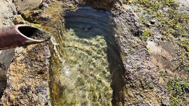 Fresh spring water flowing from a metal pipe into a stone basin. Natural water source captured outdoors with a simple rustic structure.