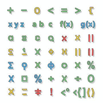 A grid of colorful math symbols and letters with shadows