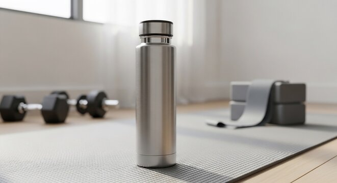 Fitness Still Life: Water Bottle, Dumbbells, and Yoga Blocks on Mat