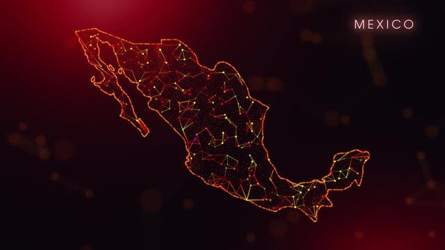 A dynamic motion video showcasing the Mexico country border through a colorful plexus reveal. Glowing red and orange dots represent high-tech data communication and global digital networks.